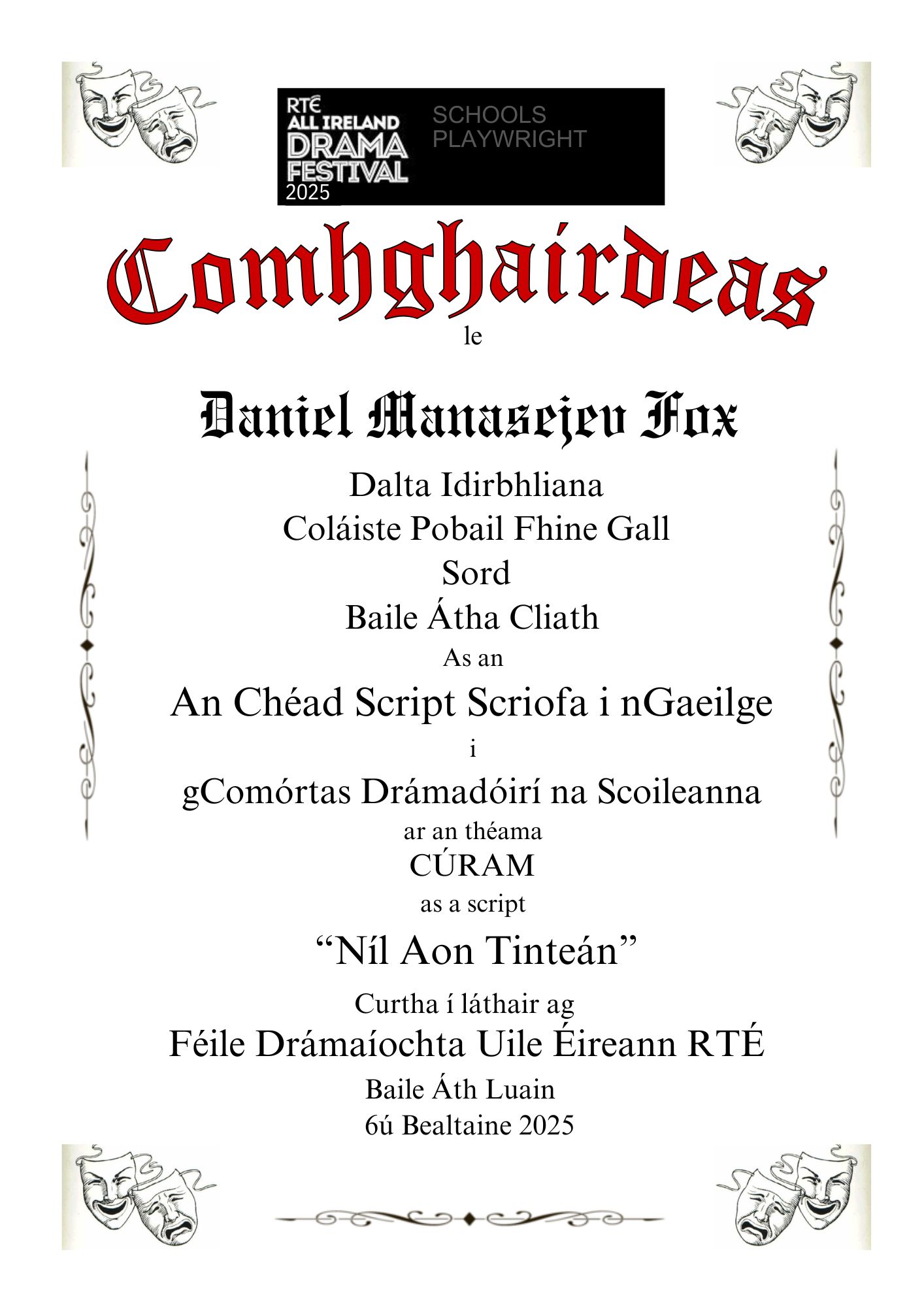 Comhghairdeas Cert as gaeilgef